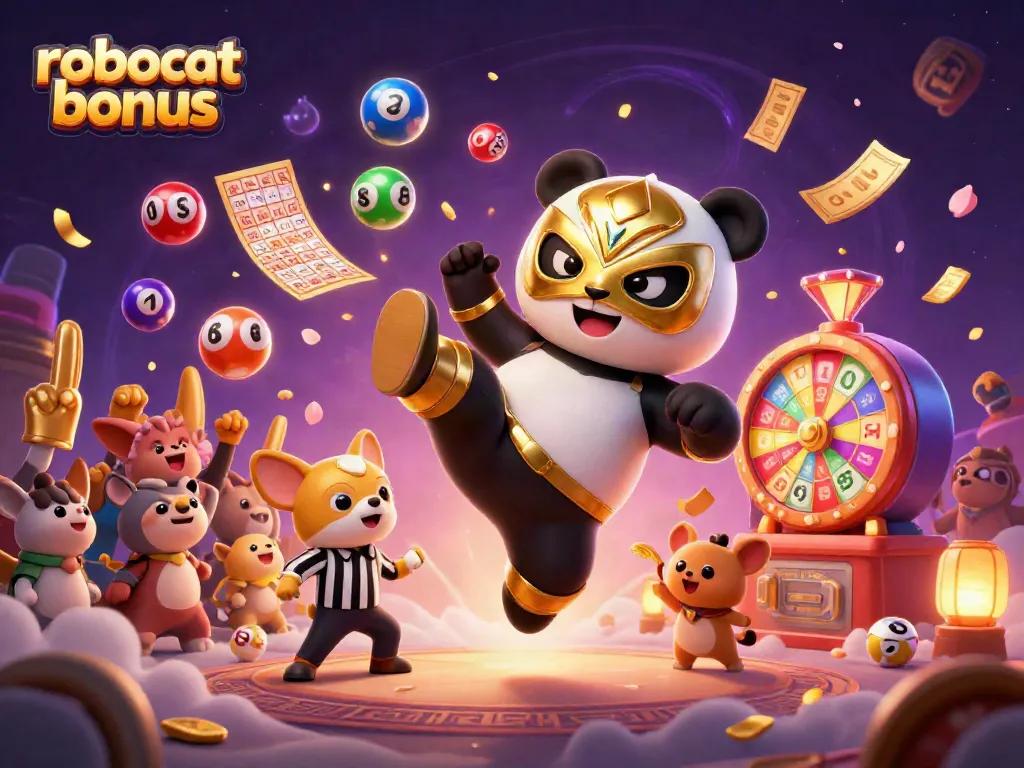 Experience the robocat bonus with excitement from a dynamic casino scene featuring a panda wrestler.
