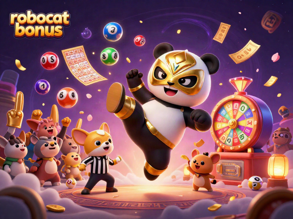 Experience the robocat bonus with excitement from a dynamic casino scene featuring a panda wrestler.