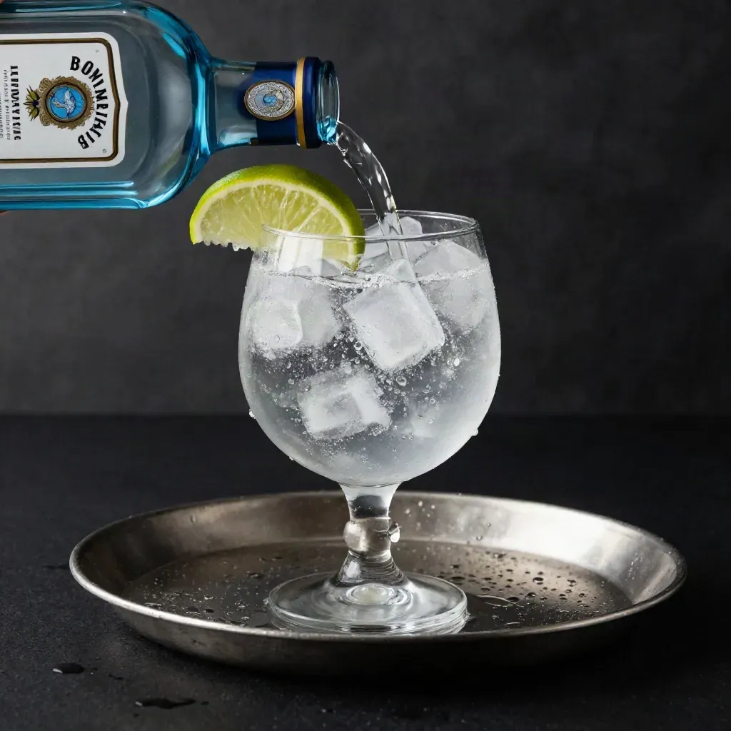 Ginebra y tónica en copa balón con lima, hielo y bandeja metálica, luz dramática.