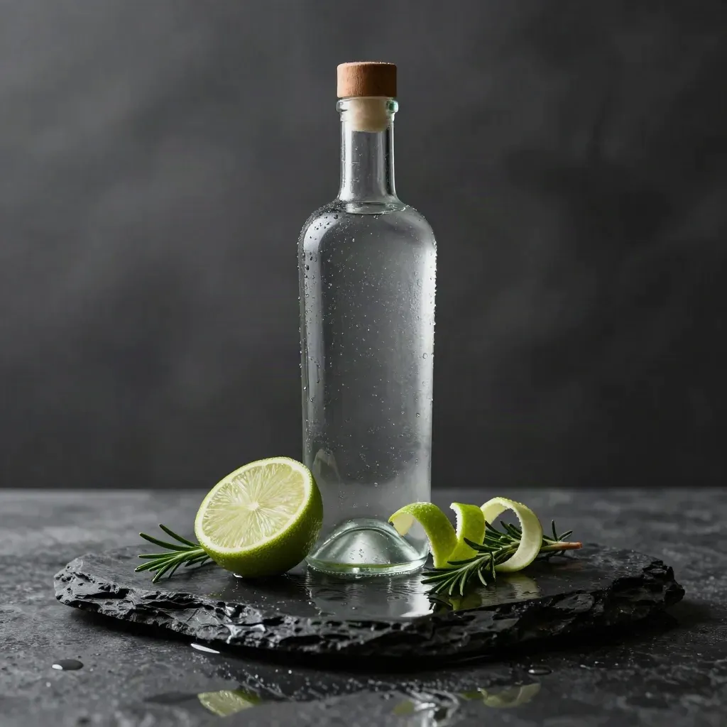Botella esmeralda de gin sobre piedra mojada con lima y romero, luz dramática de estudio