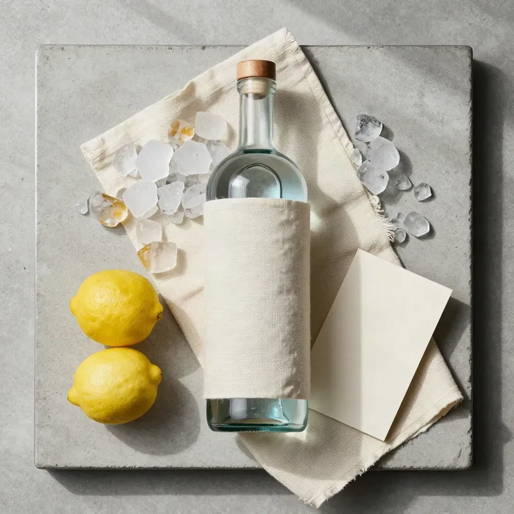 Botella de vodka sin etiqueta con hielo, limones pálidos y lino crudo sobre piedra clara.