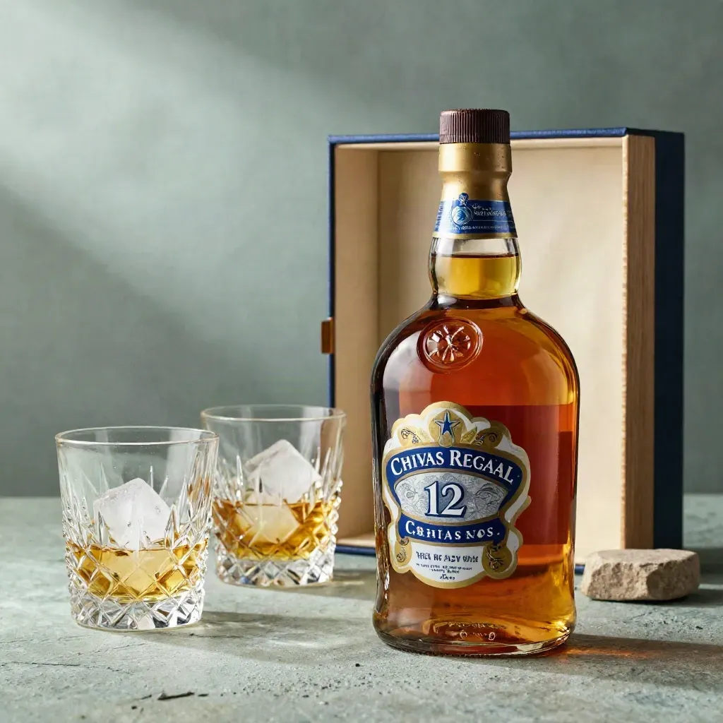 Botella de whisky, dos vasos con hielo y caja regalo sobre piedra y roble.