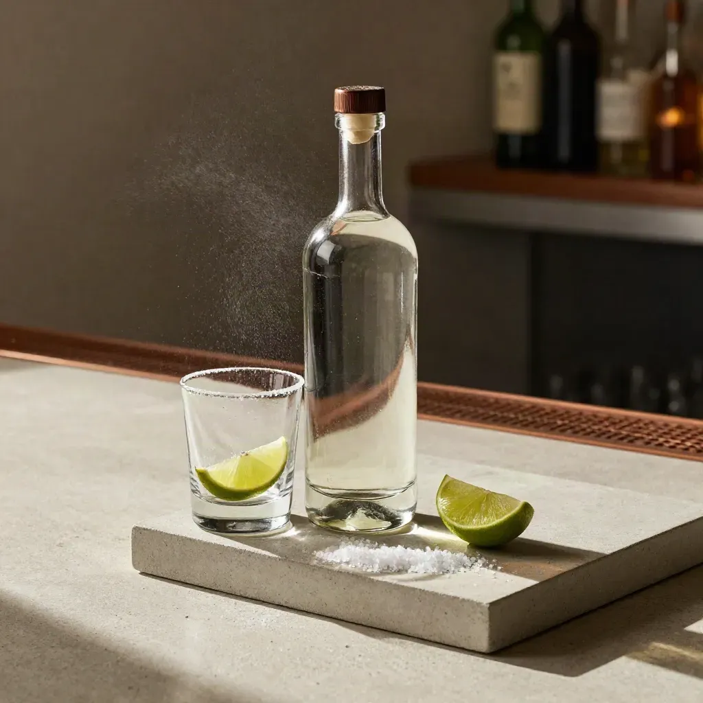 Botella de tequila, vaso con sal, lima y bandeja de cemento en una escena premium.