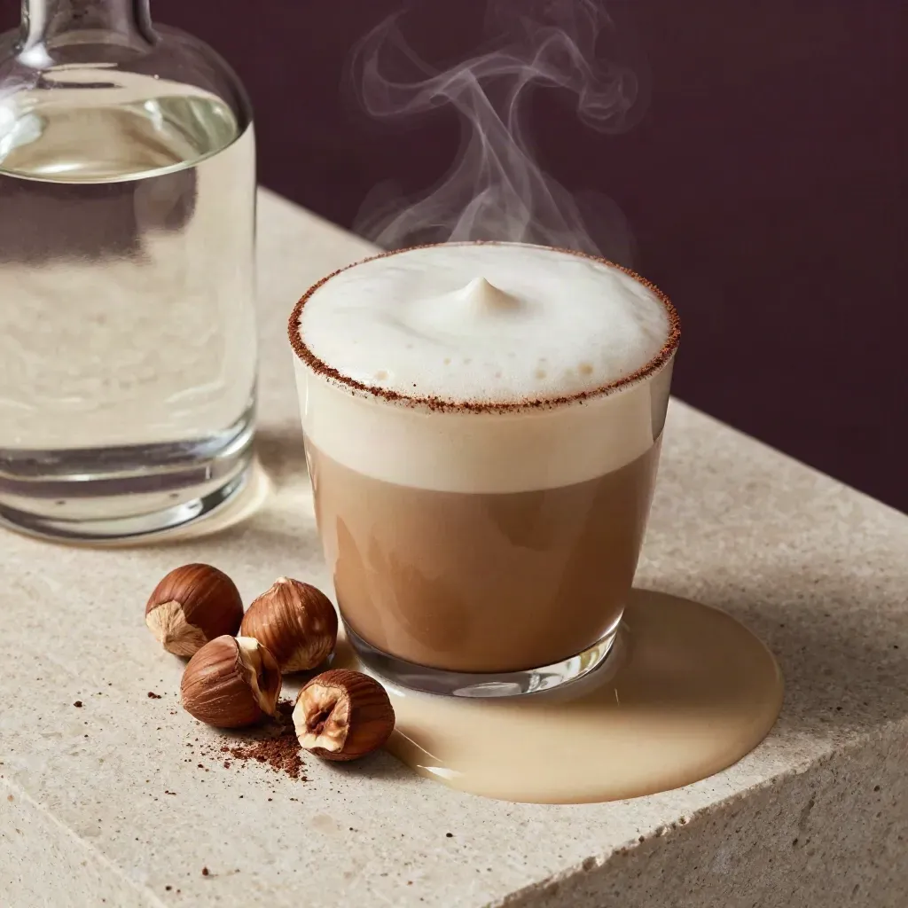 Botella de crema y taza con cacao, avellanas y café sobre piedra clara, en macro íntimo.