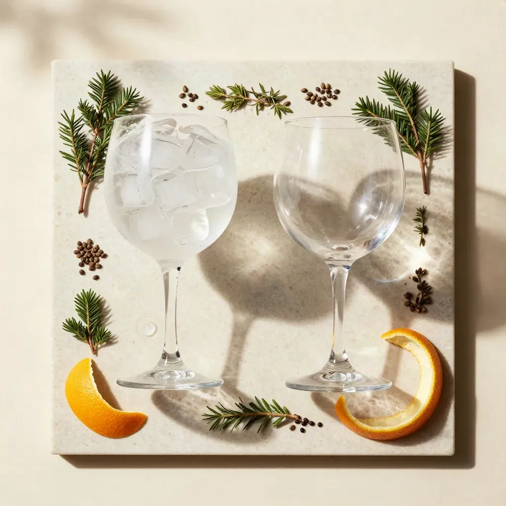 Dos copas balón con hielo y botánicos de gin sobre travertino marfil, vista cenital.