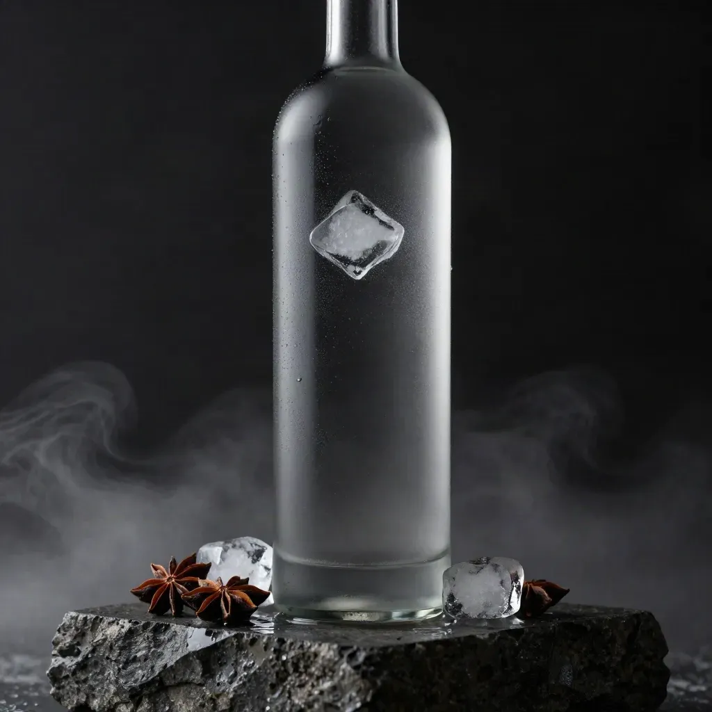 Botella alta de vodka sobre piedra húmeda con hielo escarchado y anís estrellado en estudio oscuro.