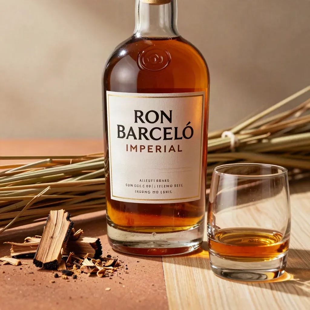 Botella de ron con caña seca, madera tostada y vaso bajo en luz ámbar cálida.