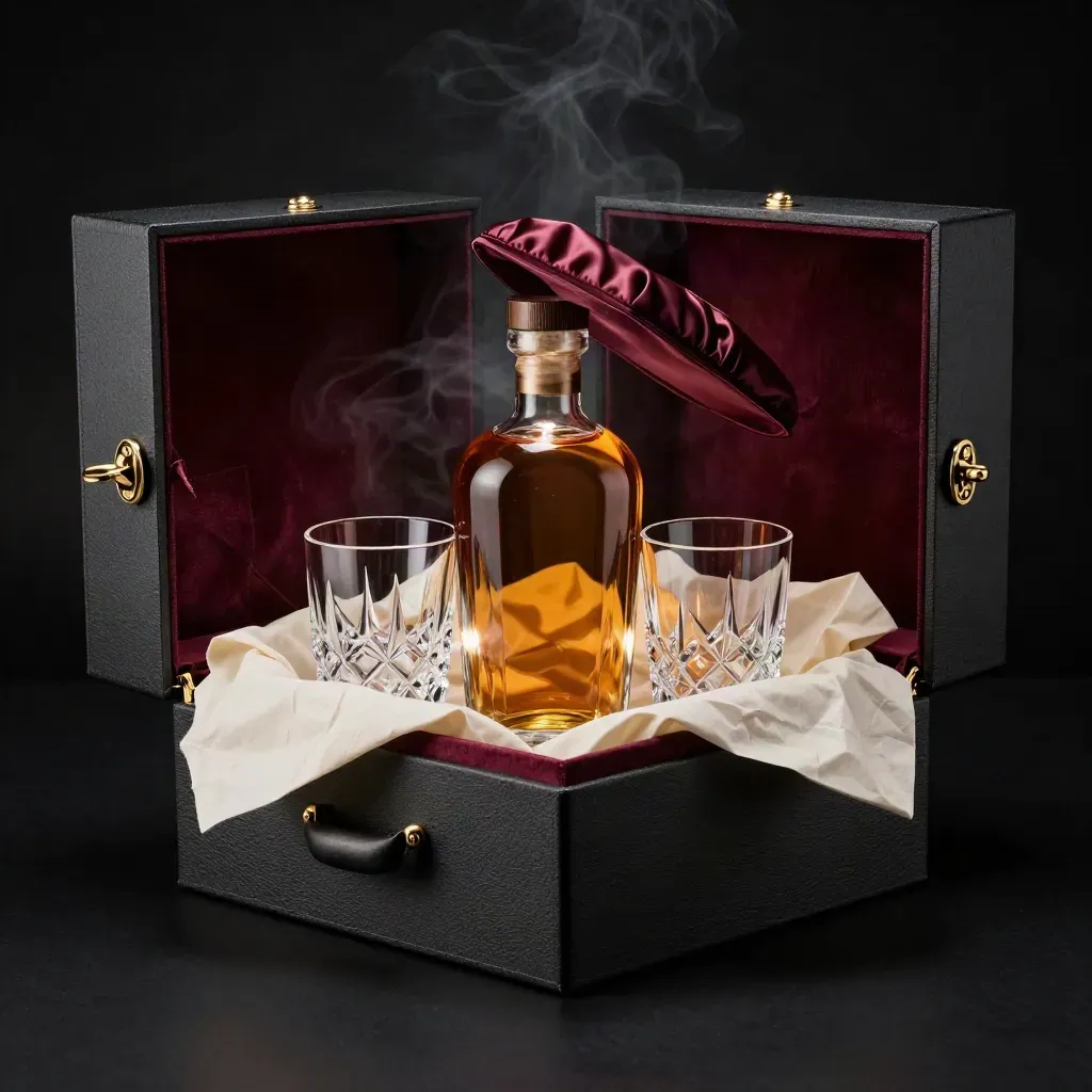 Caja regalo de whisky abierta con dos copas y papel seda sobre fondo oscuro.