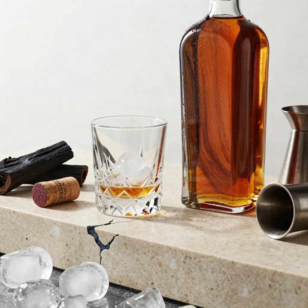 Botella de whisky ámbar con hielo escarchado y detalles de madera sobre travertino.
