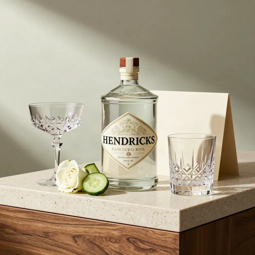 Botella de ginebra con pepino, rosa fresca y copas finas sobre piedra clara.