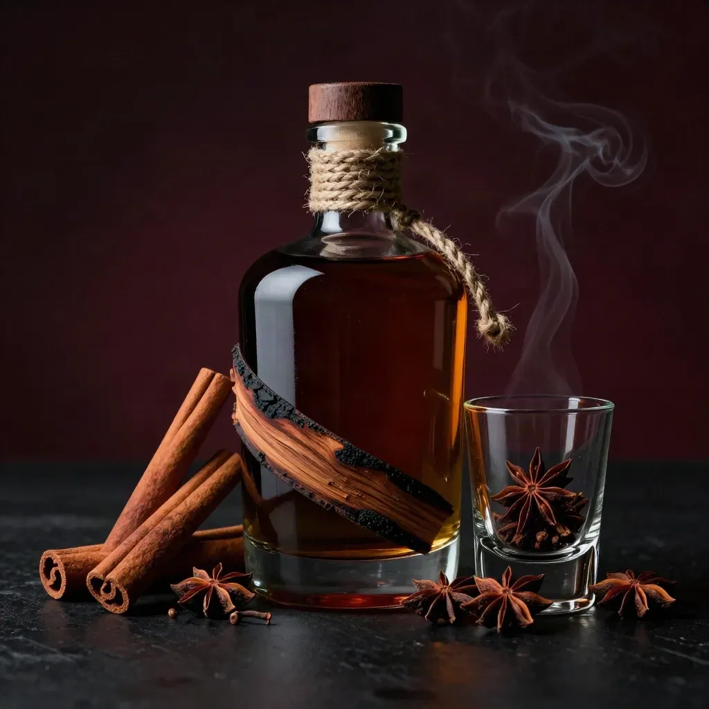 Botella de ron especiado con cuerda, madera quemada y copa con especias en luz dramática
