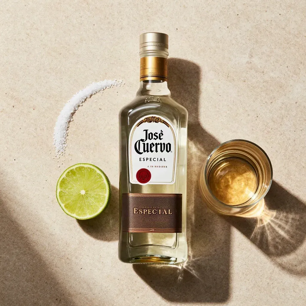 Vista cenital de una botella de tequila sin etiqueta con lima abierta, sal y vaso corto sobre piedra clara.