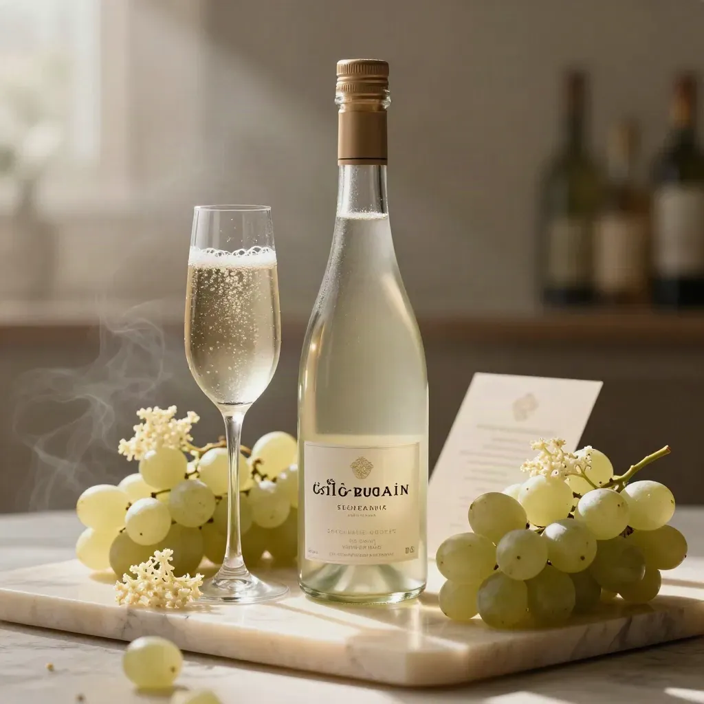 Botella de licor de flor de saúco con copa flauta, uvas blancas y flores sobre mármol cálido.