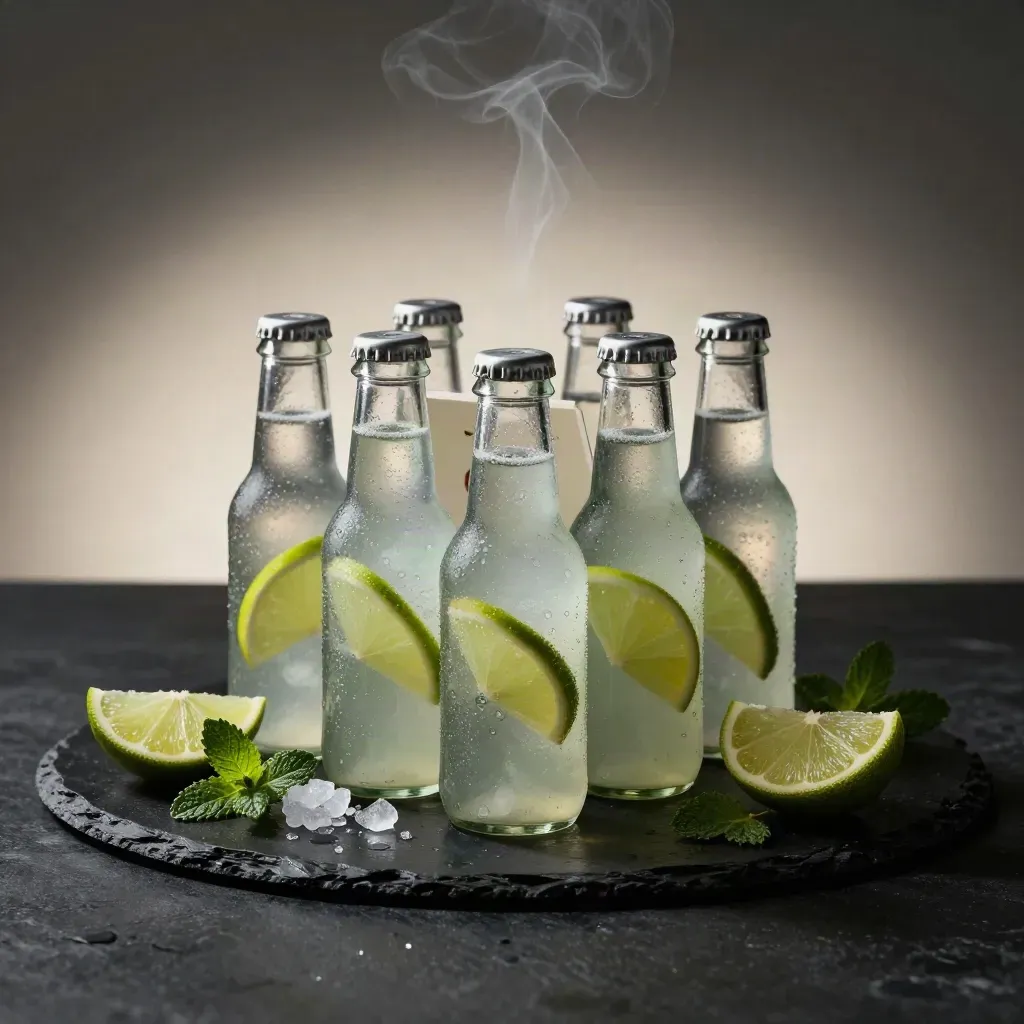 Seis mini botellas de mojito con lima, menta y hielo sobre fondo oscuro.