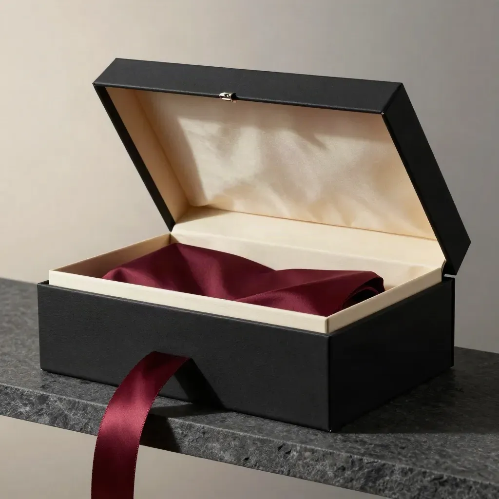 Caja regalo negra abierta con forro crema y acentos burdeos sobre fondo claro.