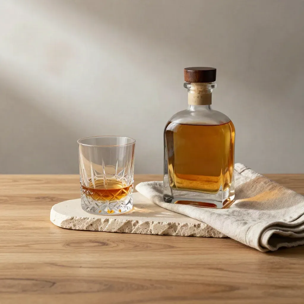 Mesa de roble claro y piedra crema con whisky escocés y vaso, con fondo luminoso desenfocado.