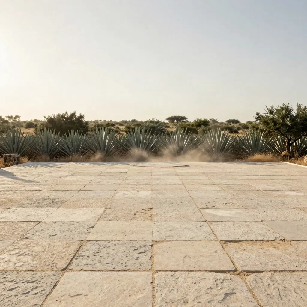 Terraza de piedra clara ante campo seco y cielo lechoso con agaves suaves al fondo.